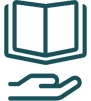 A blue and black icon of an open book